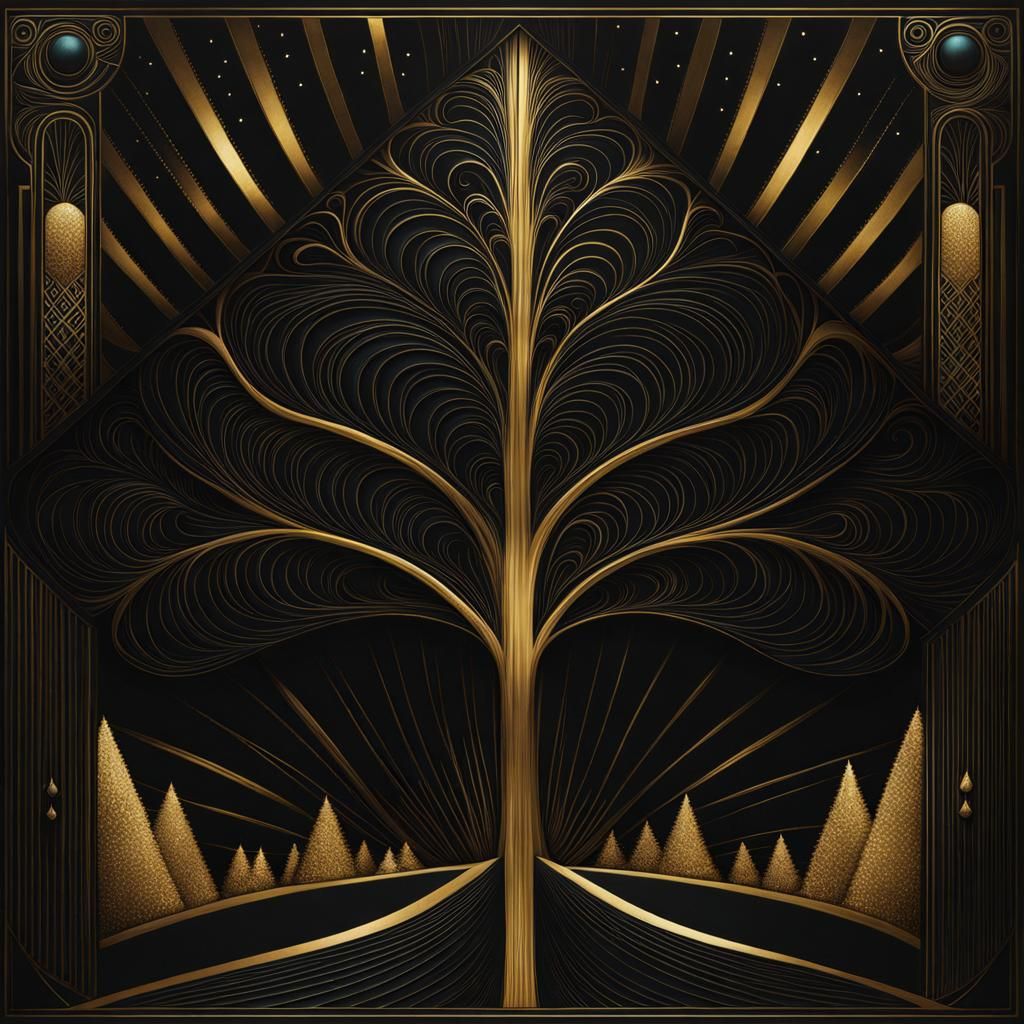 Art Deco Tree Poster with Gold Accents