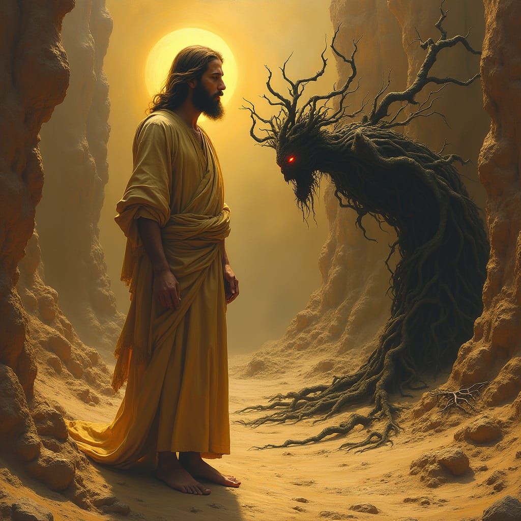 Jesus Endures Temptation in the Desert's Shadows