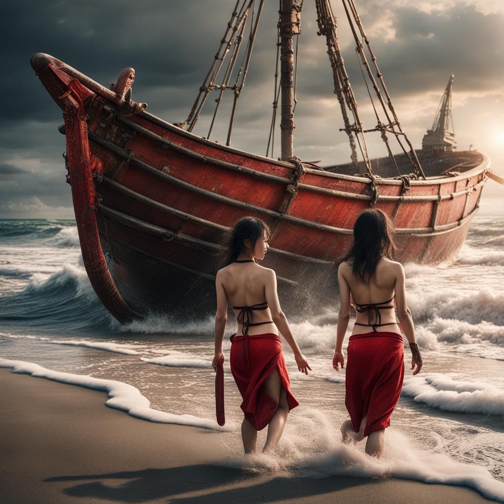 Japanese Female Divers Pushing Boat on Beach