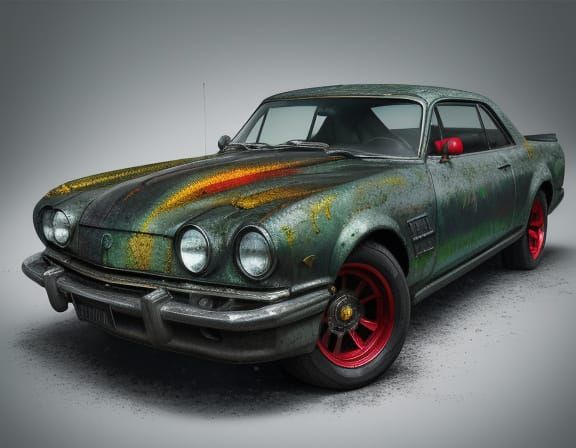 Broken Car Concept Art in Vibrant Triadic Colors