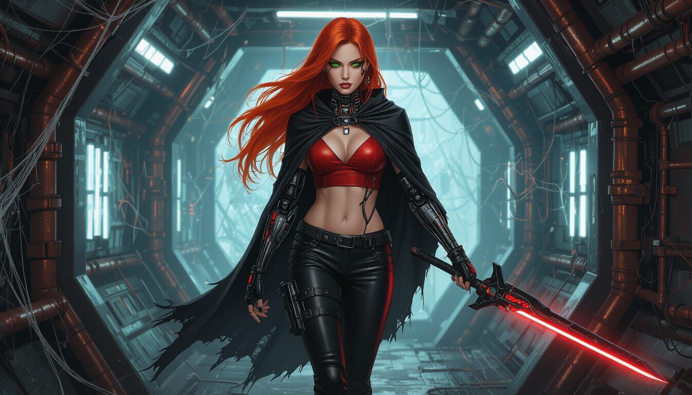 Seductive Woman with Fiery Hair in Dark Fantasy Spaceship