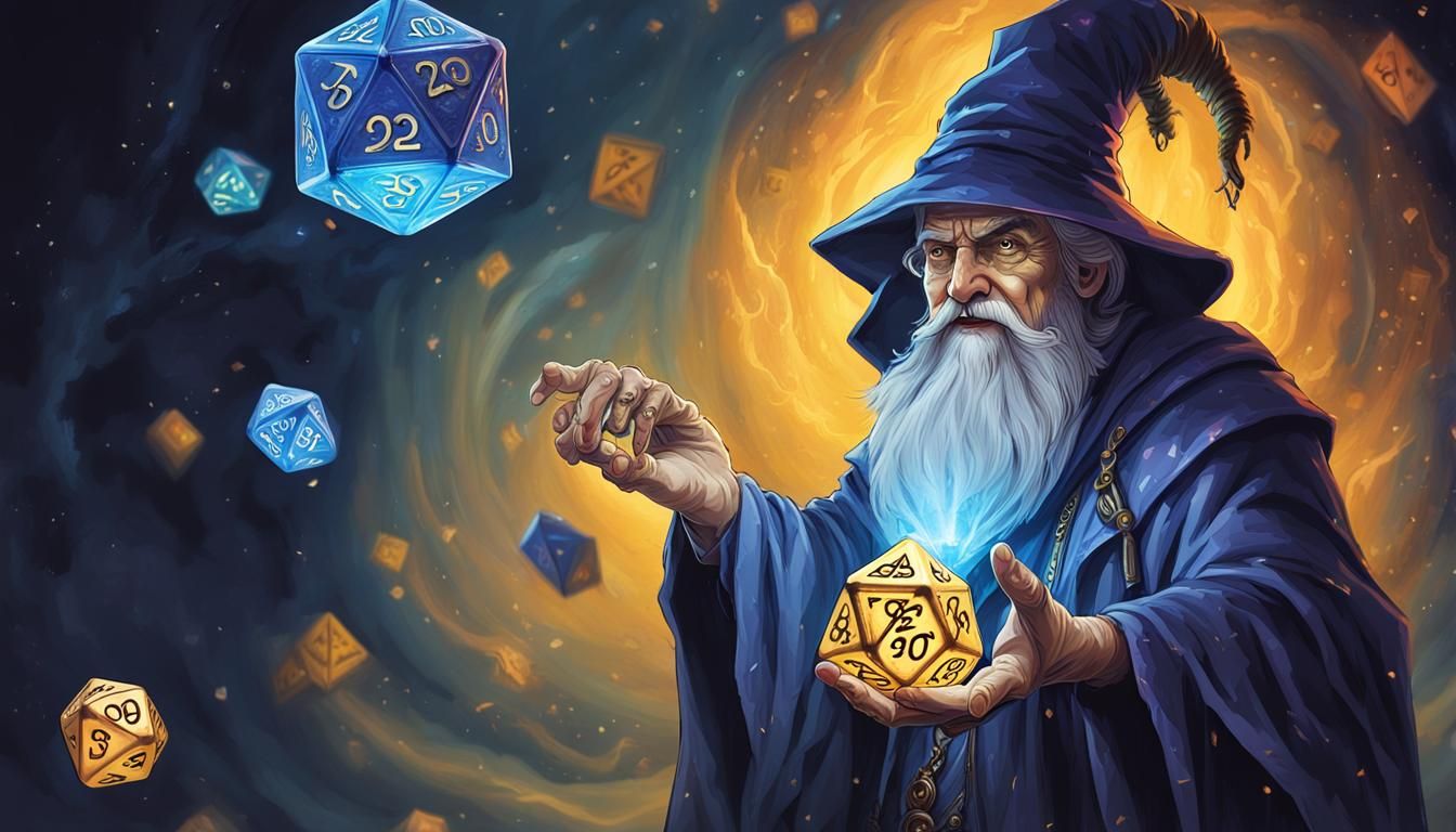 Wizard Holding D20 Dice in Digital Art