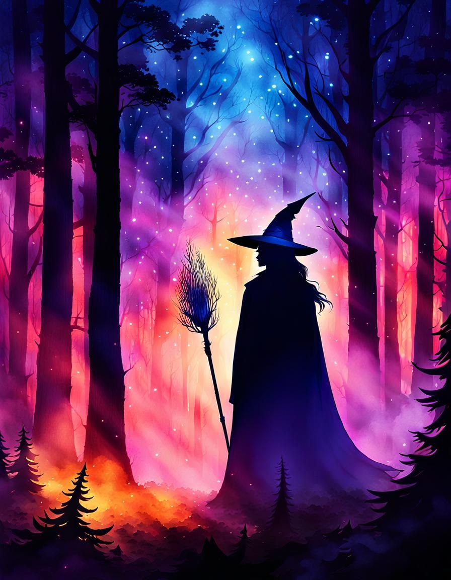 Mystical Witch in Forest, Watercolor Style