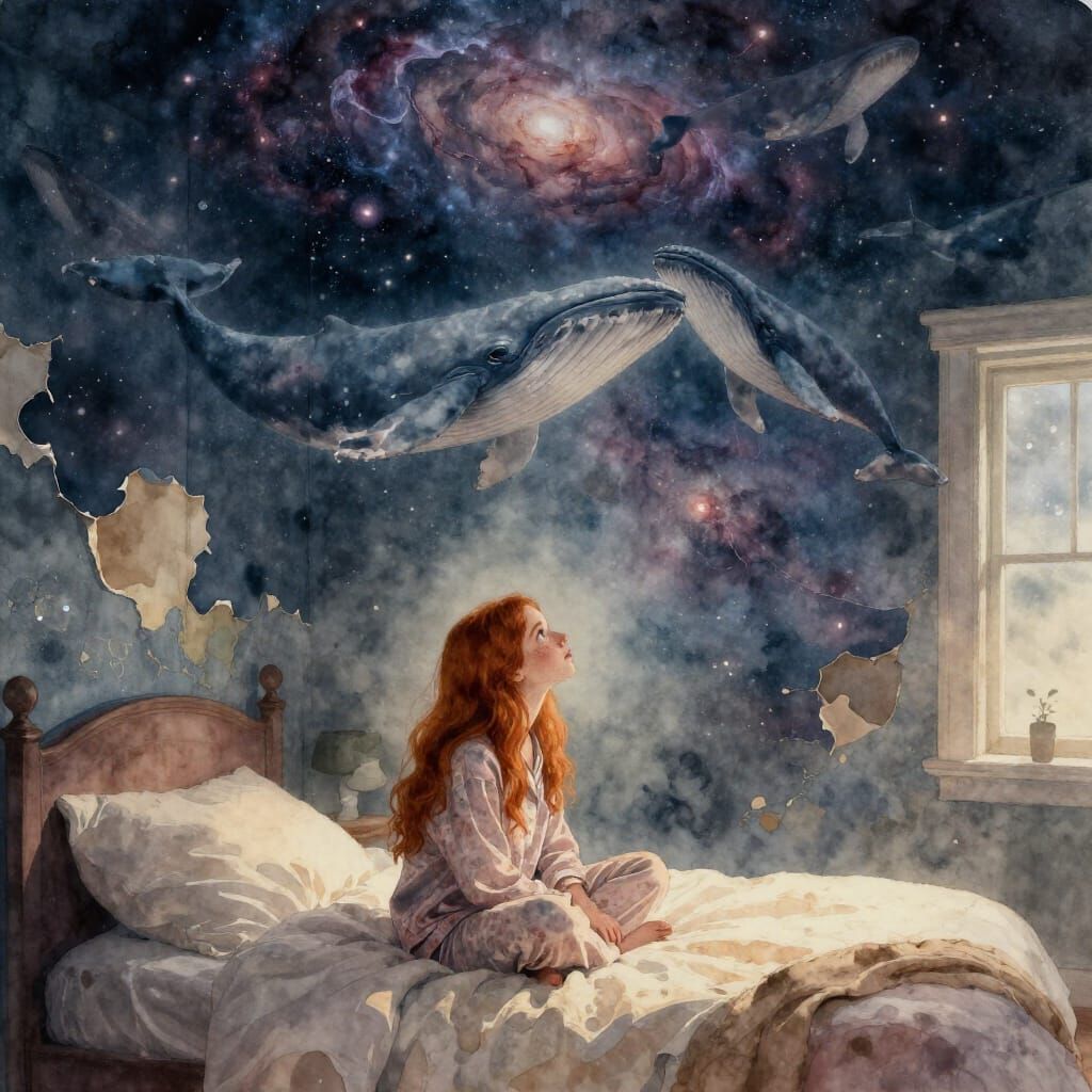 Cozy Surrealism: Woman Gazes at Space Whales