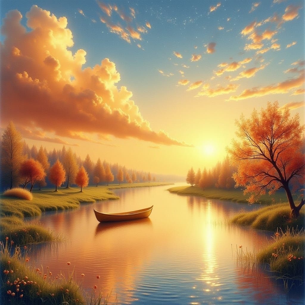 Sunset River: A Yellow Boat in Watercolor