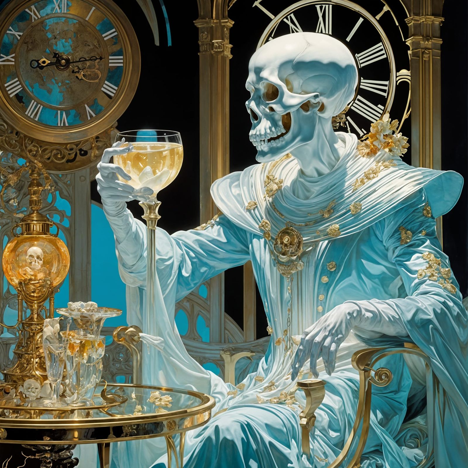 Ethereal Ghost Woman Drinks Champagne Under Fireworks