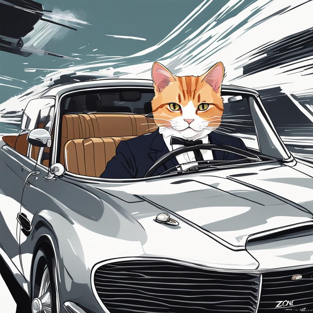 Cat as James Bond Driving Aston Martin in Anime Style