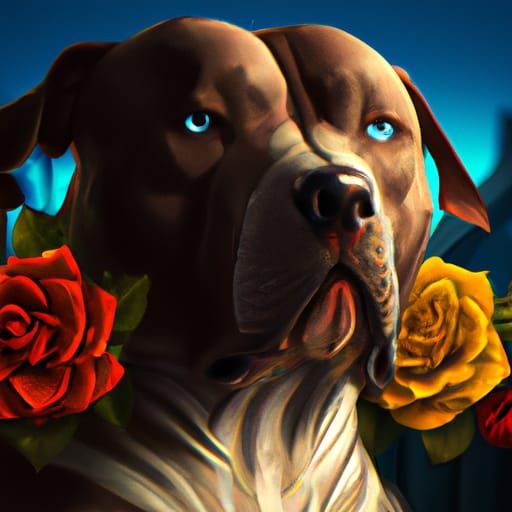 Pitbull dog with roses