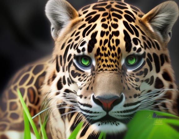 a beautiful very young jaguar hiding behind blades of grass, professional photography, very cute, black background