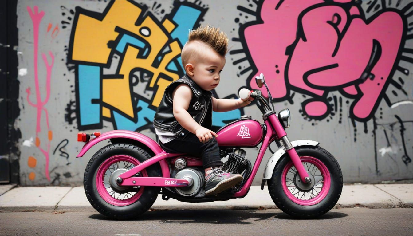 Feisty Toddler Rides Bright Pink Tricycle in Gritty Urban La...
