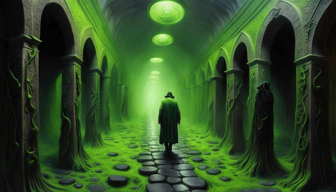 Eerie Hallway With Oozing Walls and Eldritch Carvings