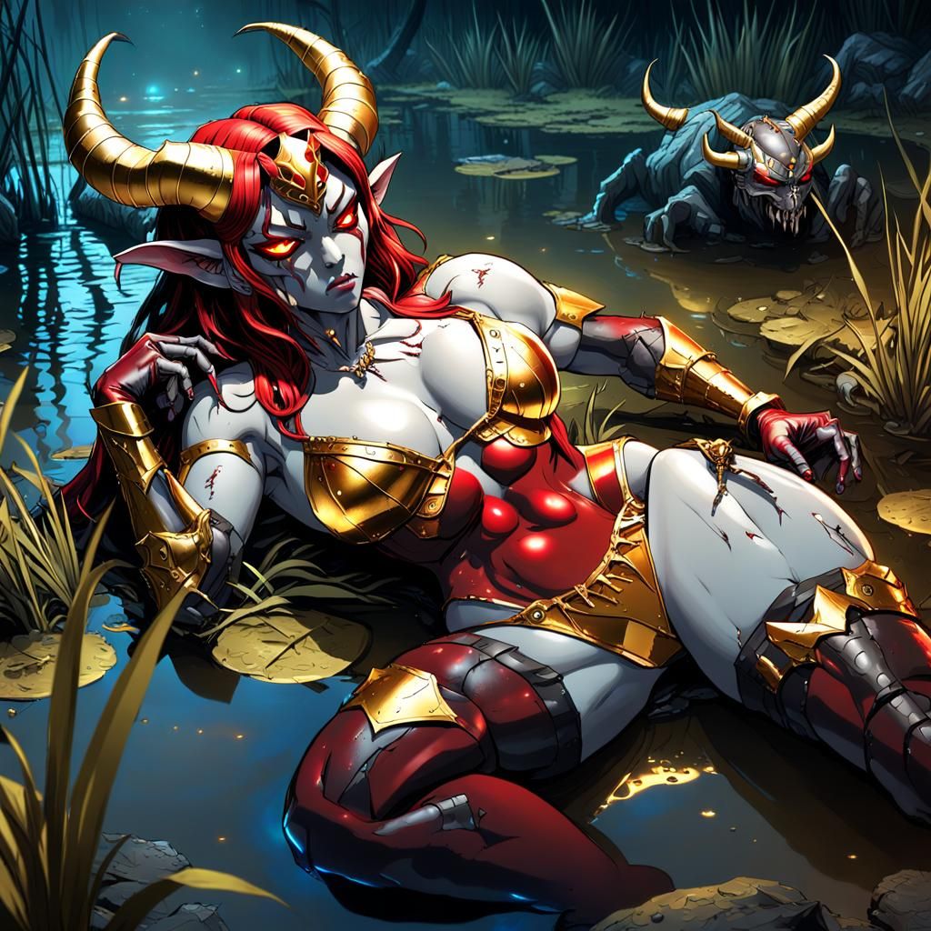 Muscular Arachne Woman in Gold Armor