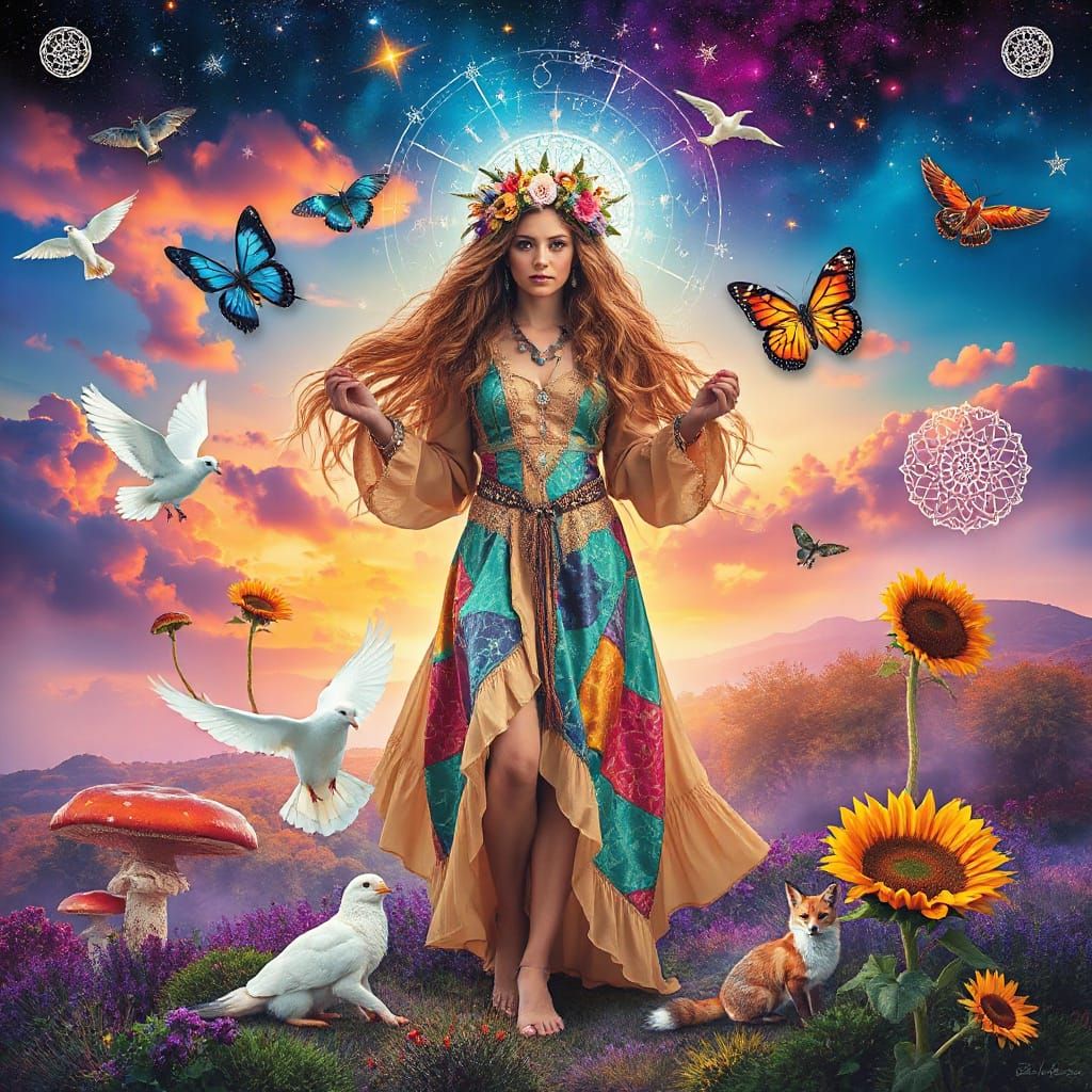 Celestial Priestess in Psychedelic Dreamscape, Fantasy Art