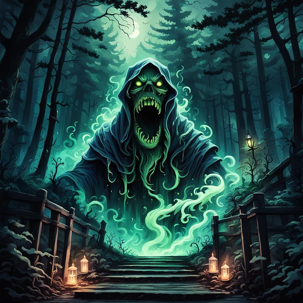 Neon Smoke Ghost Descending a Dark Staircase