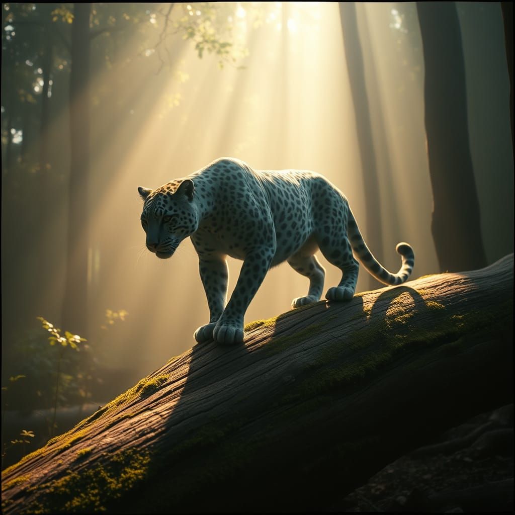 Majestic Translucent Jaguar in Ethereal Woodland Scene