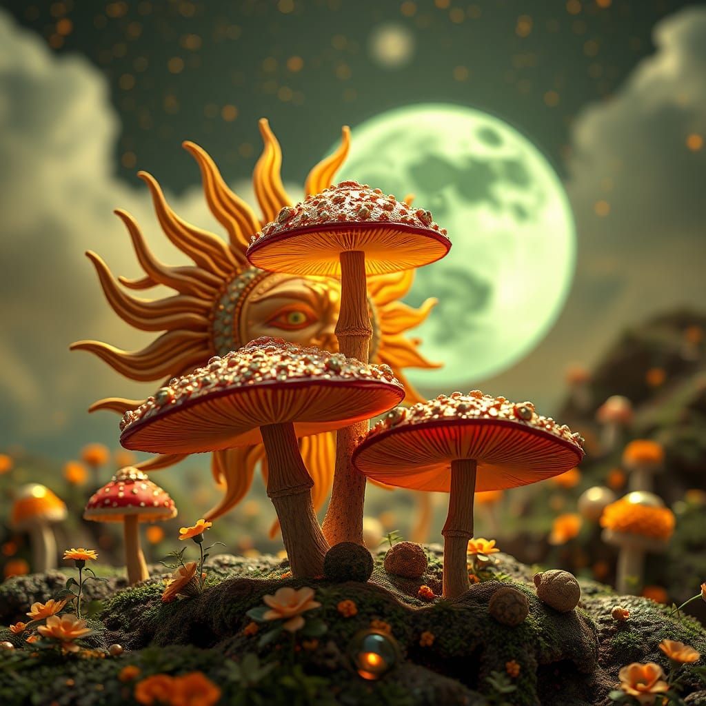 Psychedelic Sun and Moon Art in Ornate Style