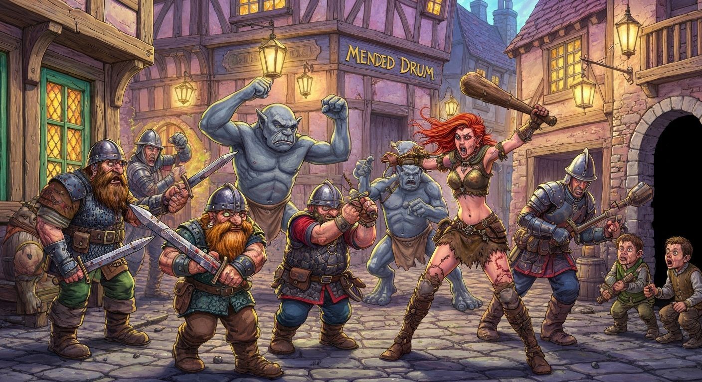 Dwarfs vs Trolls Battle Outside Ankh-Morpork Tavern