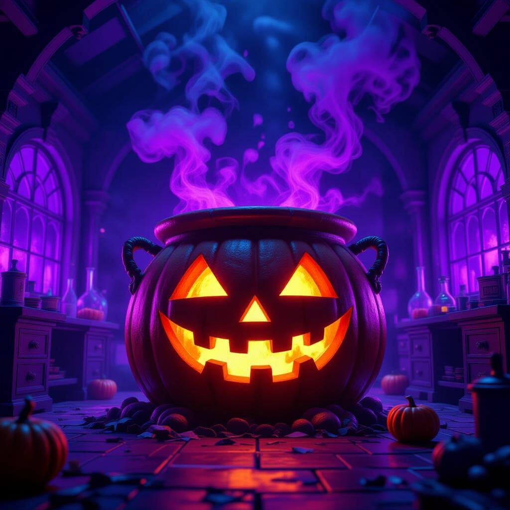 Mysterious Lab with Glowing Pumpkin Cauldron