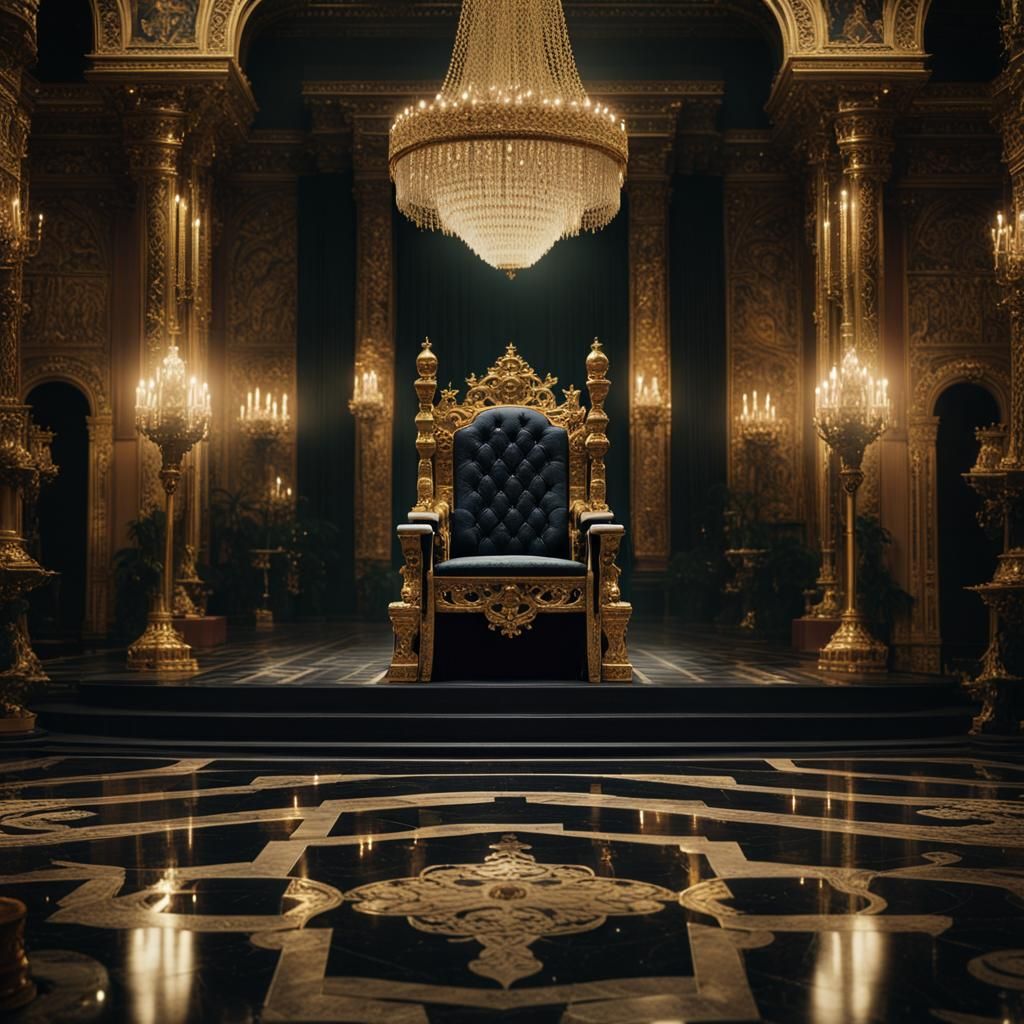 Regal Figure in Ornate Throne Room with Dramatic Lighting