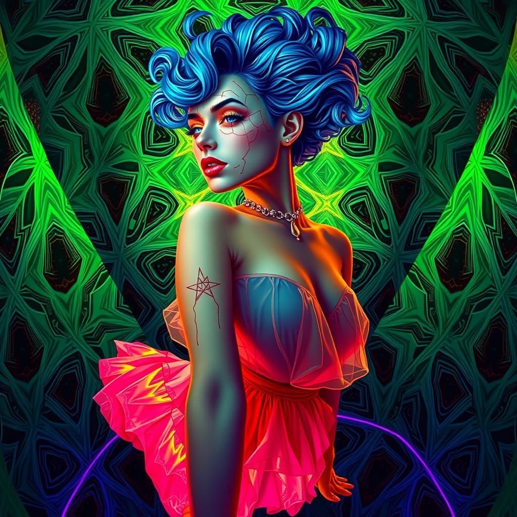 Surreal Madwoman Portrait with Geometric Wallpaper in Photon...