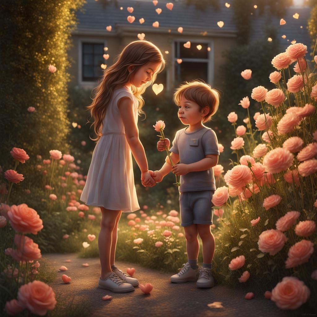 Boy Gives Flowers in Glittering Garden