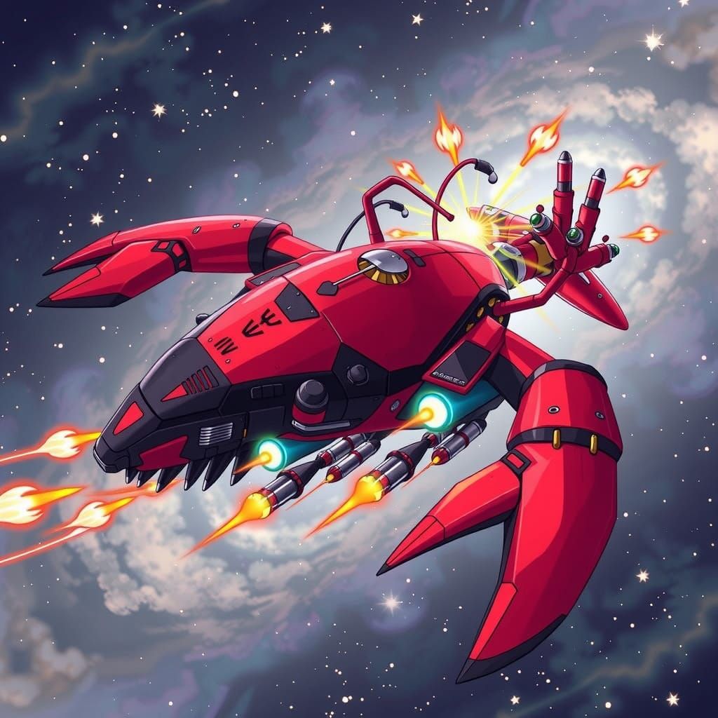 Glowing Lobster Spaceship Soars Through Vibrant Nebula