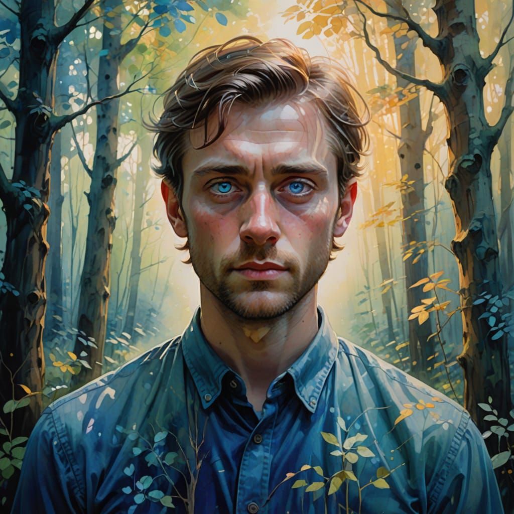 Man in Dreamy Watercolor Portrait Stares into Enchanted Fore...