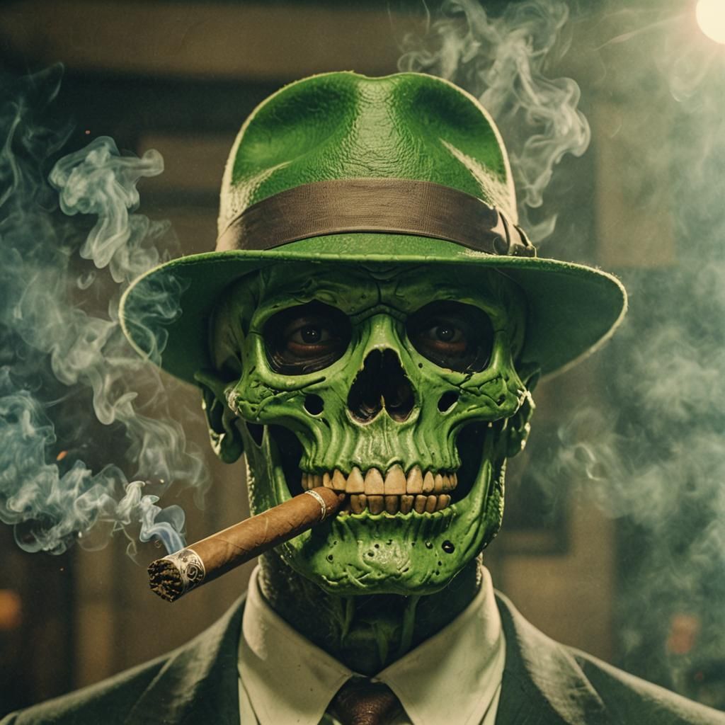 Green Skull Kingpin Smoking Cigar: Cinematic Portrait