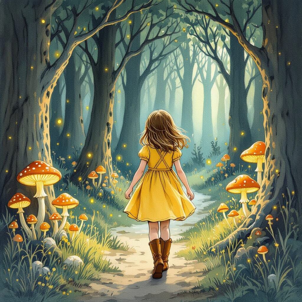 Girl Enters Enchanted Wood: Whimsical Illustration
