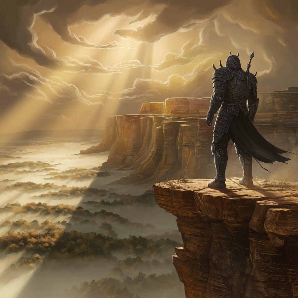 Warrior on Cliff Edge in Dramatic Fantasy Art Style