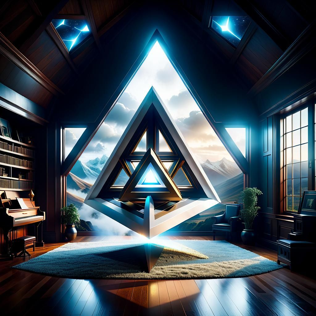 White Energy Tetrahedron in a House: Digital Matte Painting