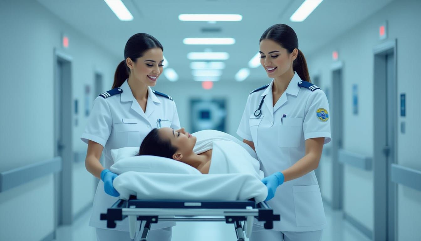 Paramedics Carry Patient Through Modern Hospital Hallway