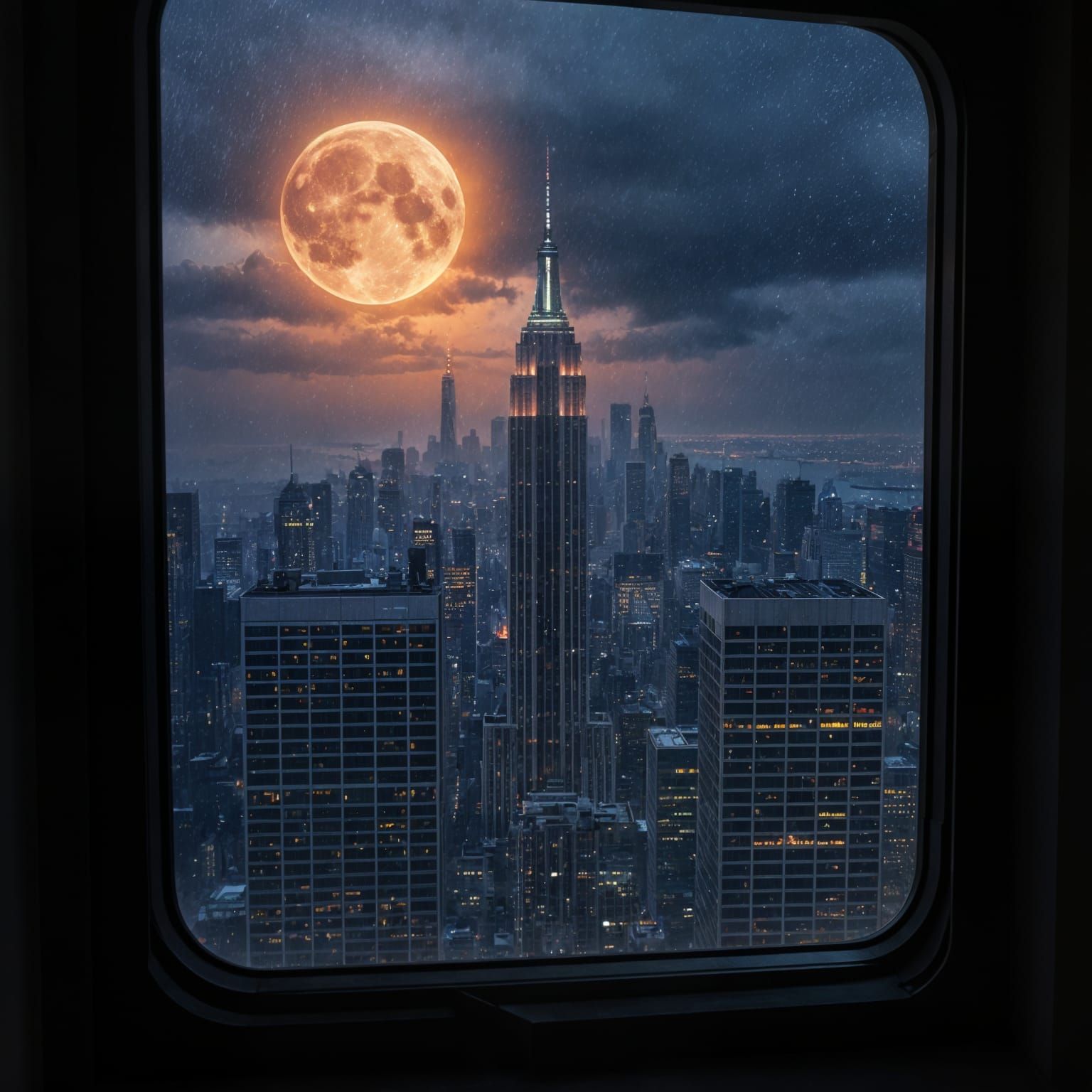 Rainy New York Cityscape Under Harvest Moon