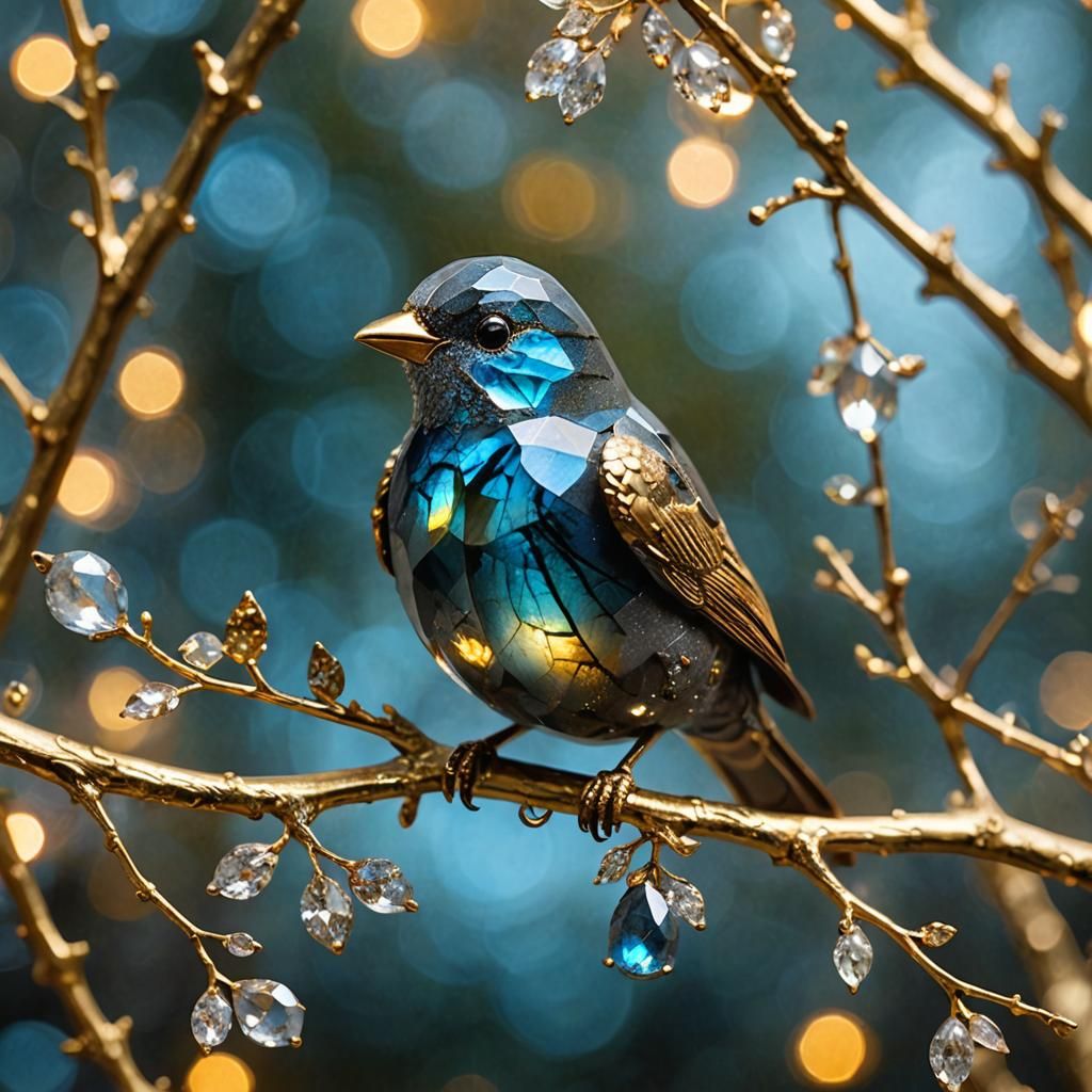 Labradorite Bird on Golden Branch with Bokeh