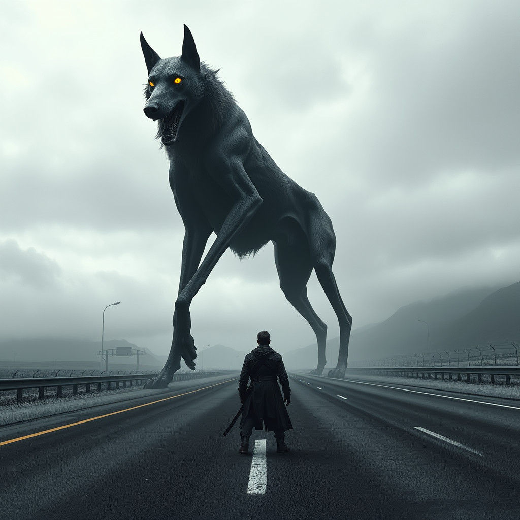 Colossal Spectral Dog Dominates Highway: Fantasy Concept Art