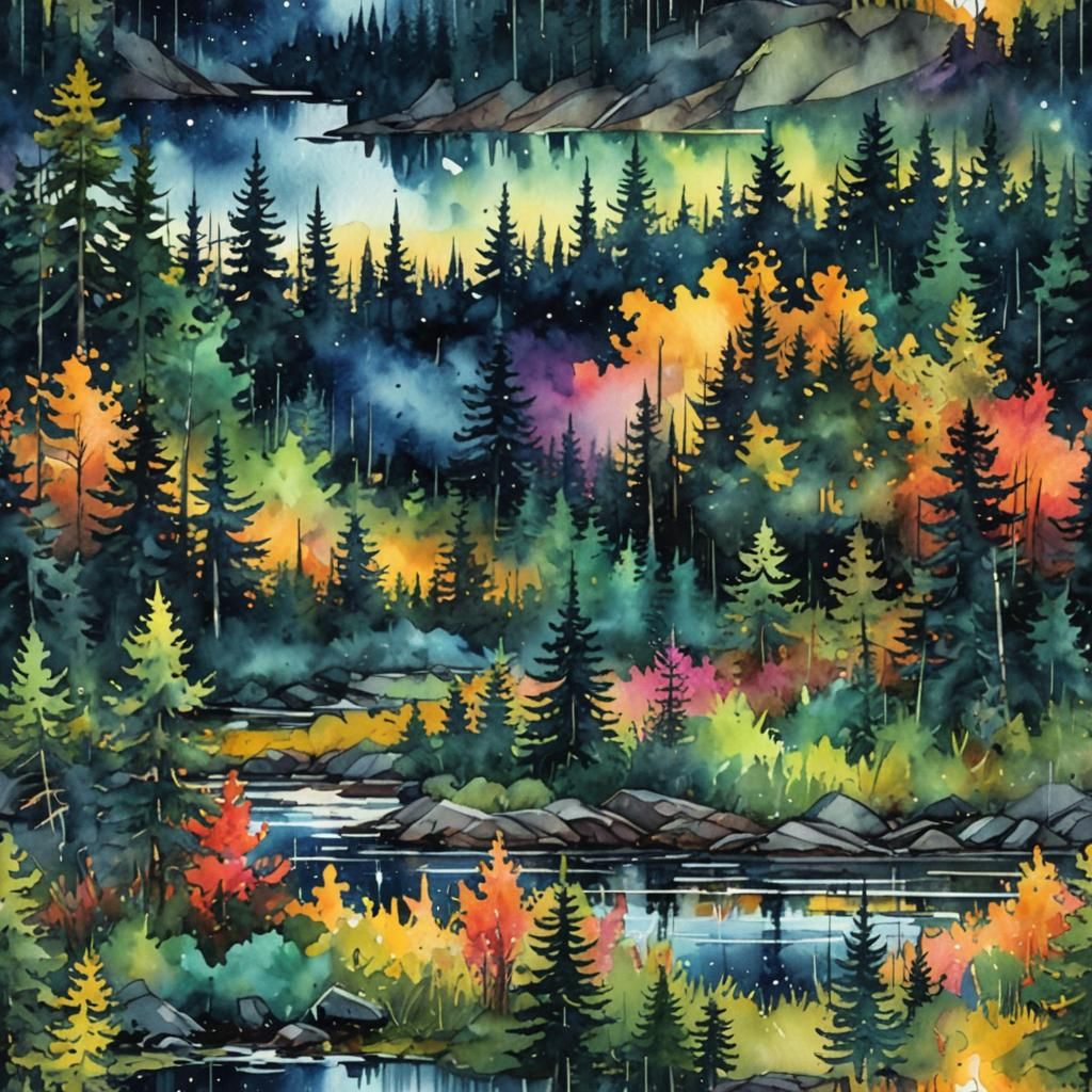 Watercolor   Landscape of  taiga  in the  summer at night