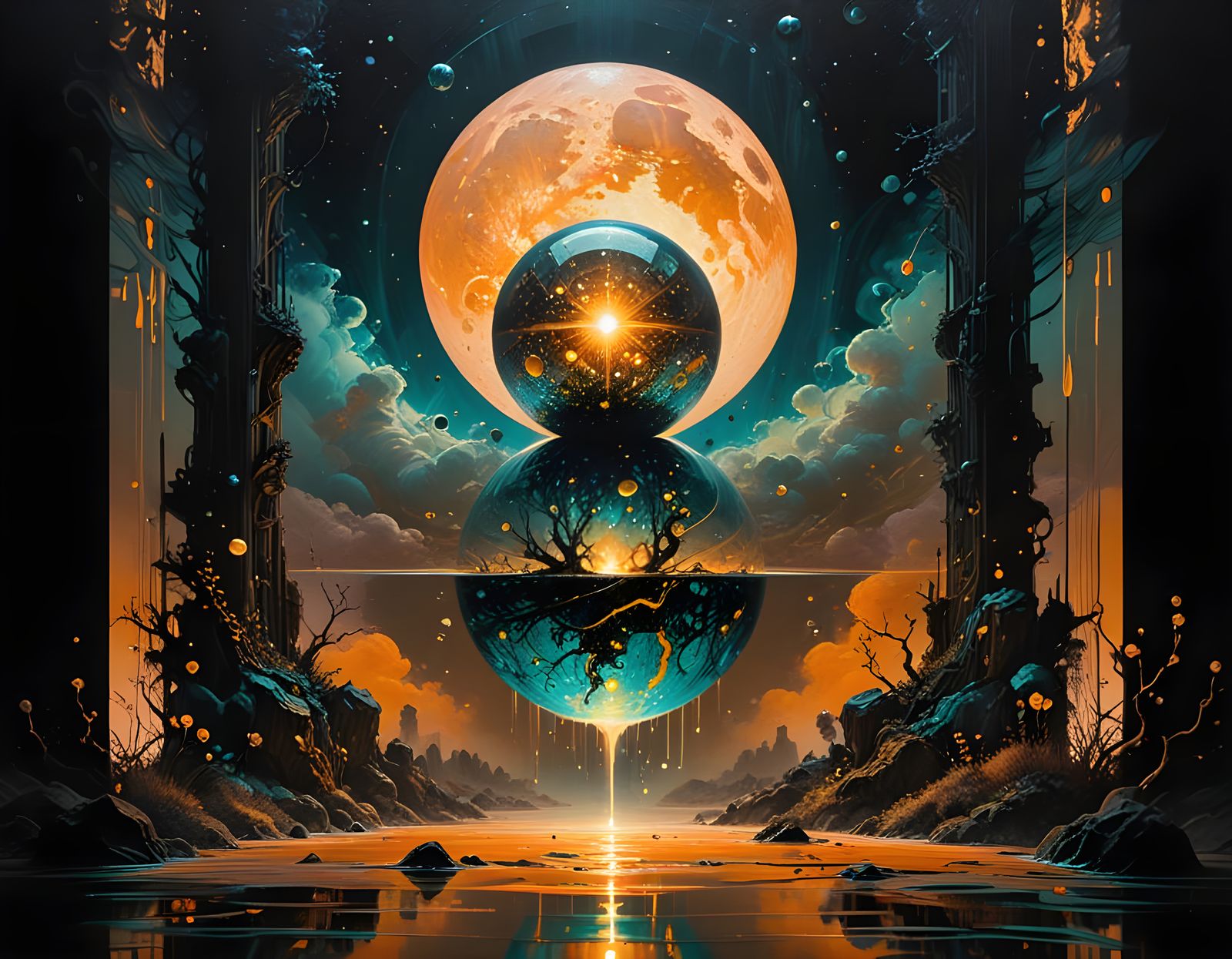 Bioluminescent Landscape with Spheres in Sepia Impasto Style