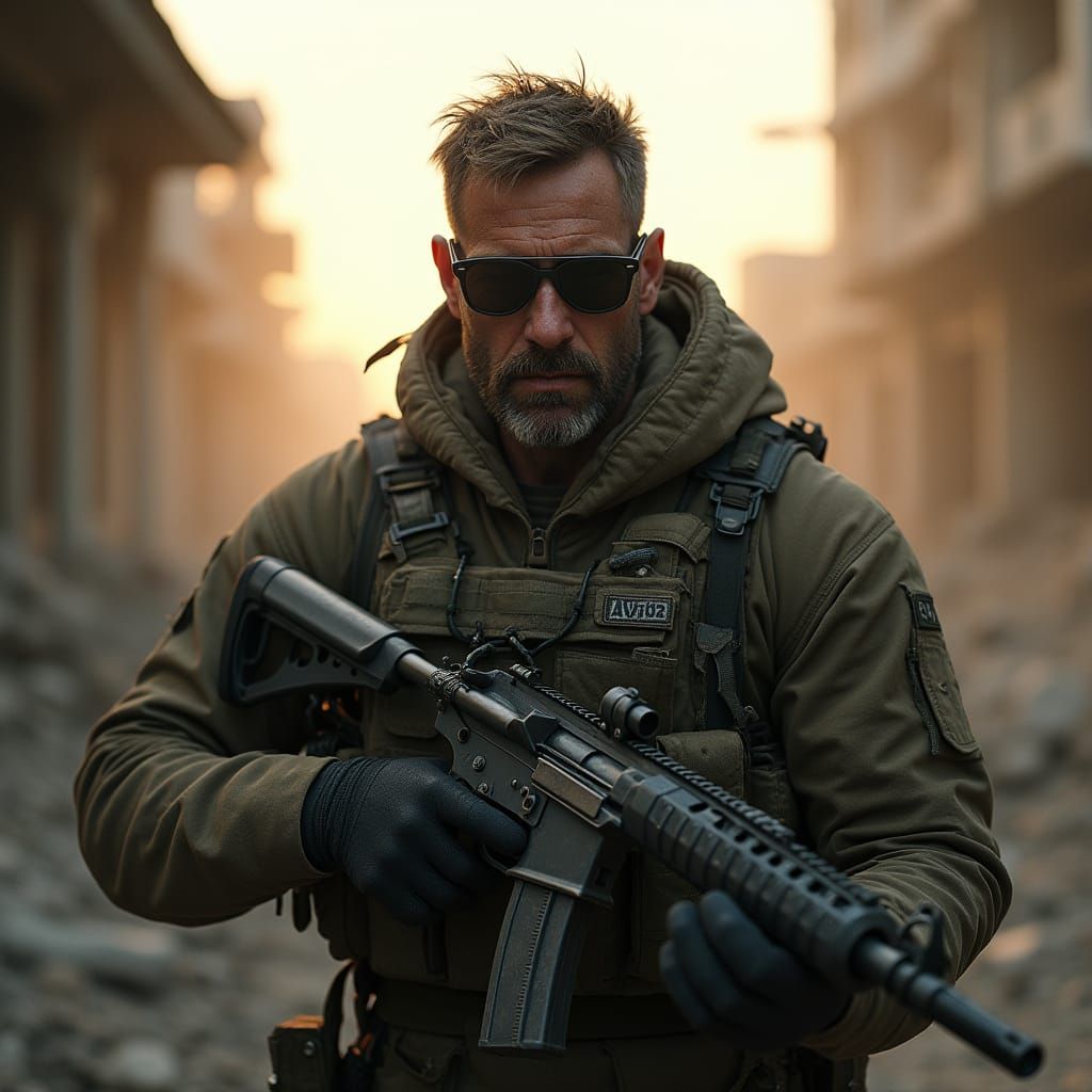 Gritty, Hyper-Realistic Marine Guard in War-Torn Cityscape