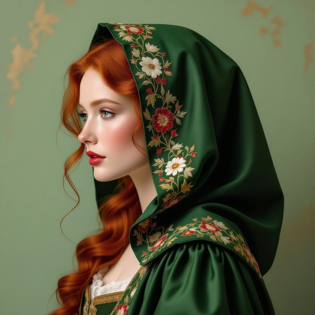 Woman in Emerald Green Hood, Renaissance Portraiture with a ...