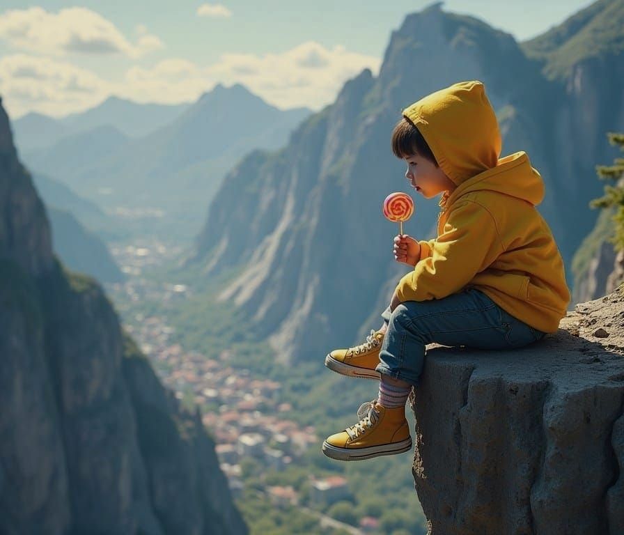 Child Surveys Urban Mountain Landscape with Caution