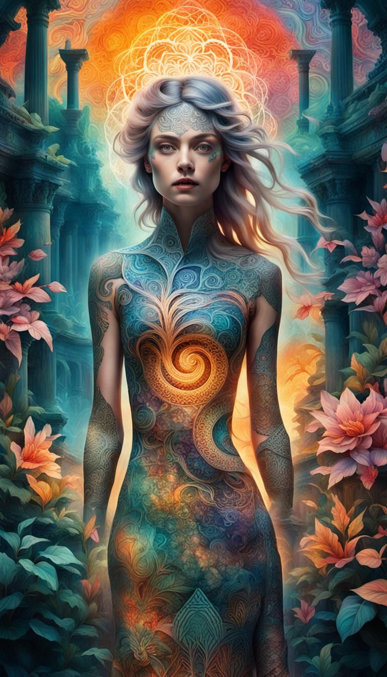 Tattooed Woman in Dreamlike Double Exposure: Graffiti Expres...