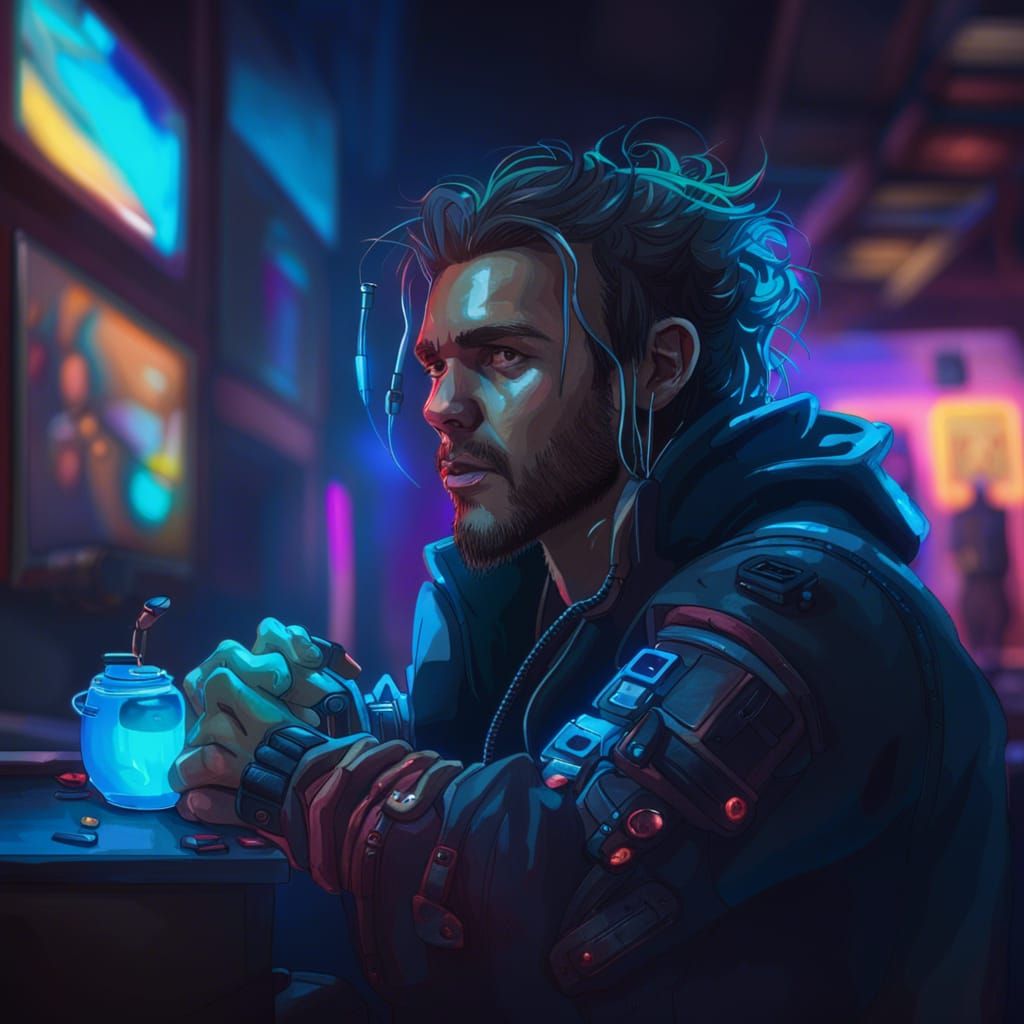 Cyberpunk Cafe Portrait with Hacker Aesthetic