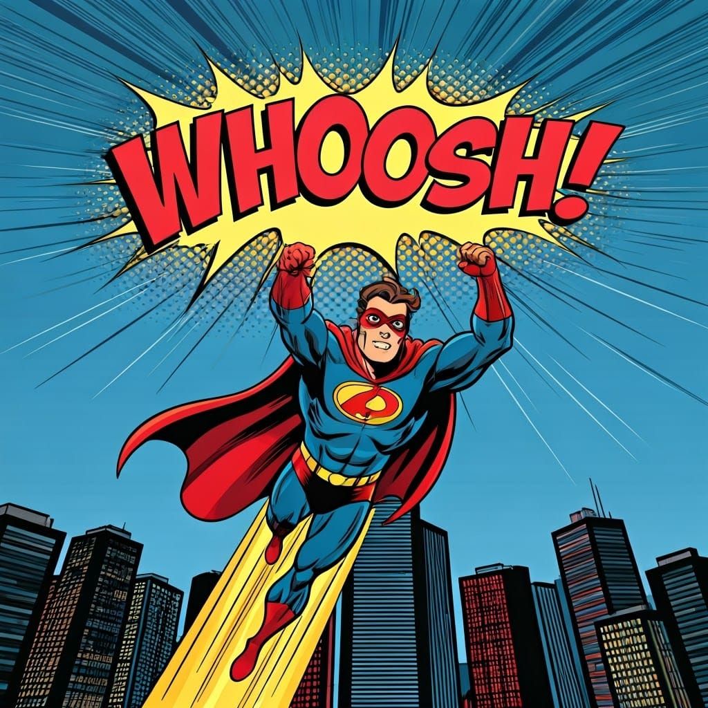 A 60s Pop Art picture of a random superhero flying with his ...