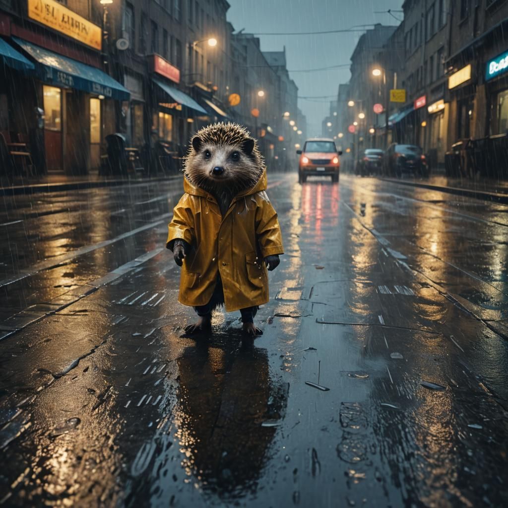 Hedgehog in Rainy City Street, Surreal Fantasy Art