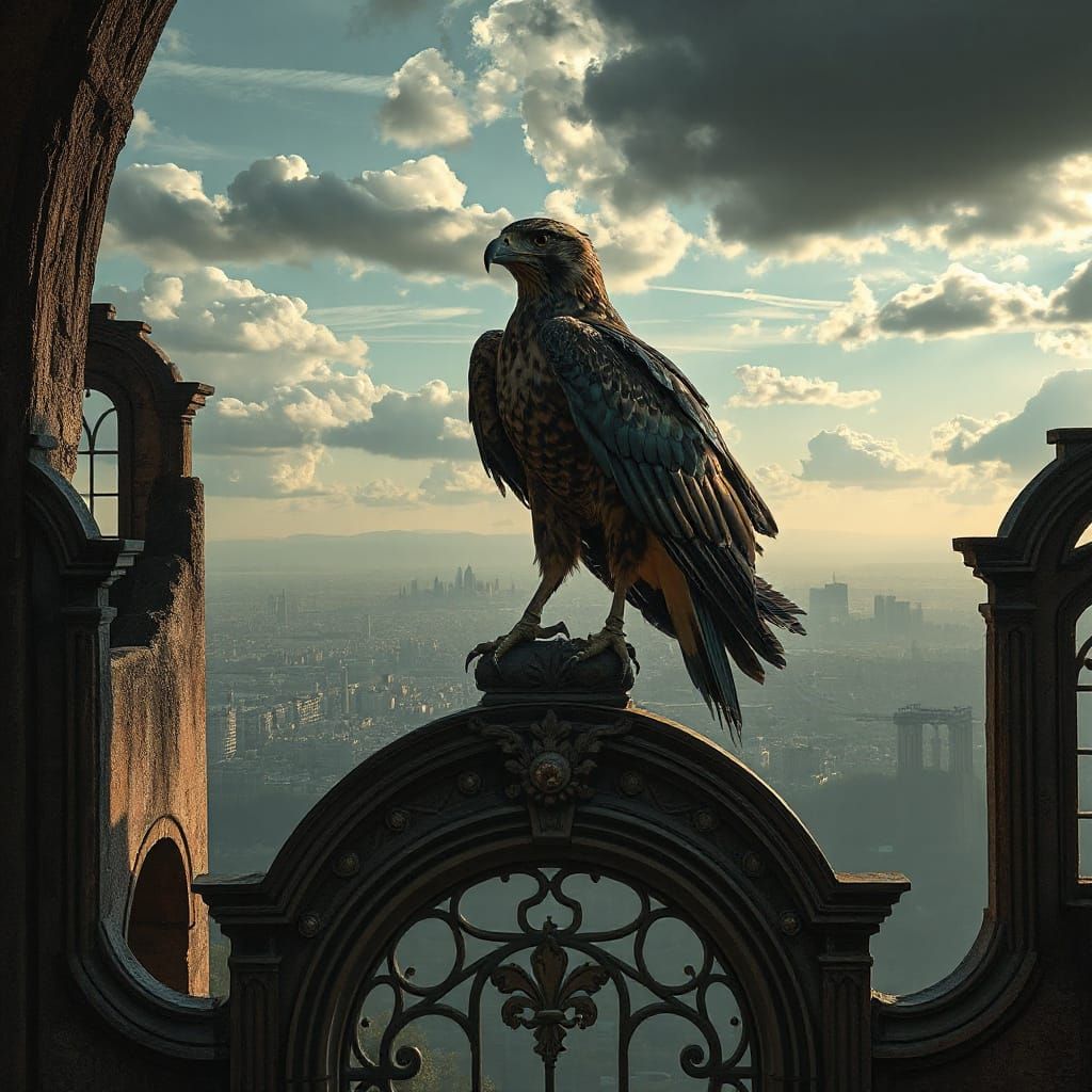 Majestic Hawk on Art Nouveau Archway, Surreal City View