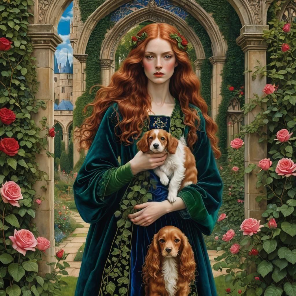 Enchanting Medieval Maiden Amidst David Austin Roses