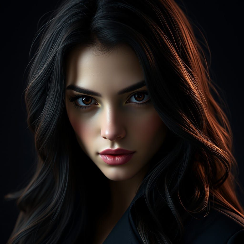 Surreal Portrait of an Enigmatic Woman in Dark Elegance