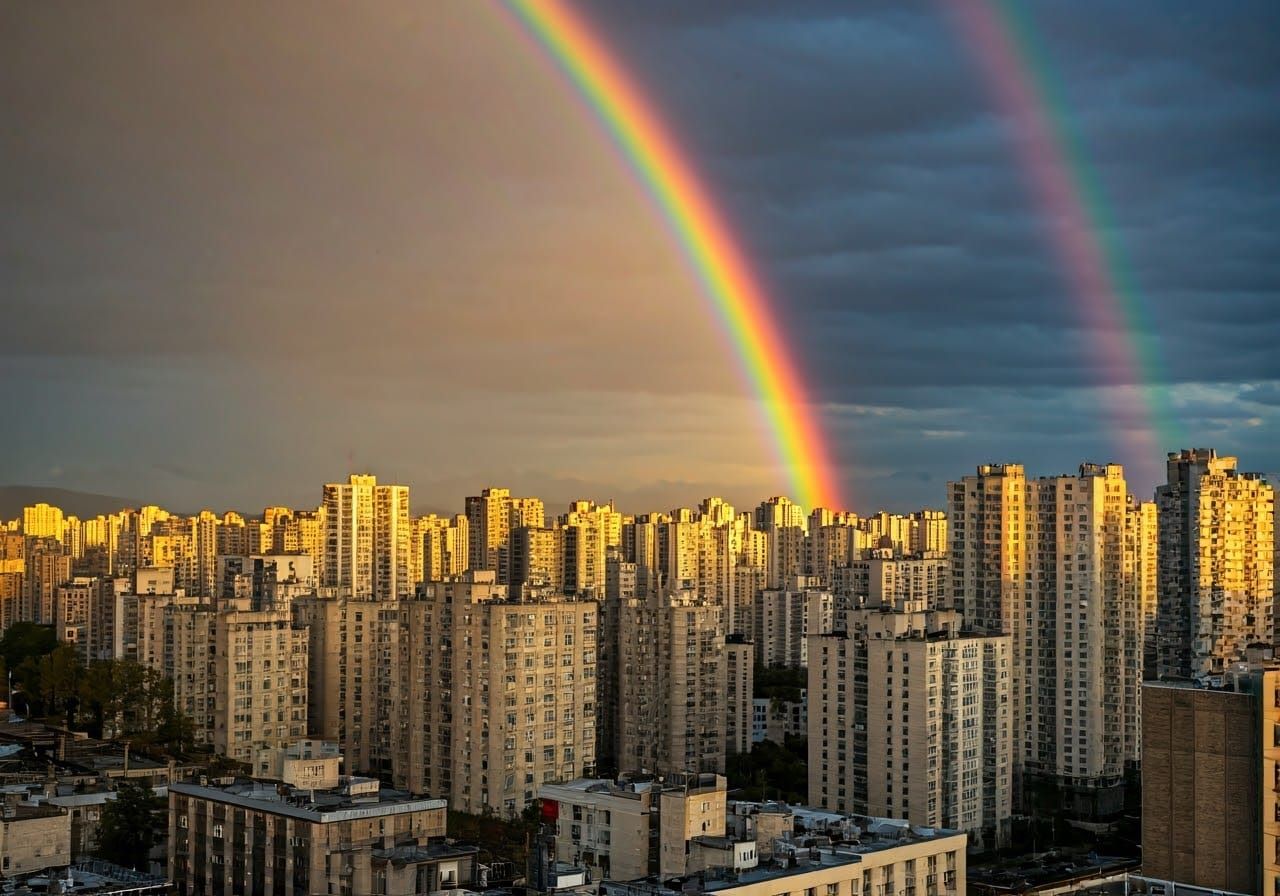 A rainbow dripping colourful paint onto a grey city