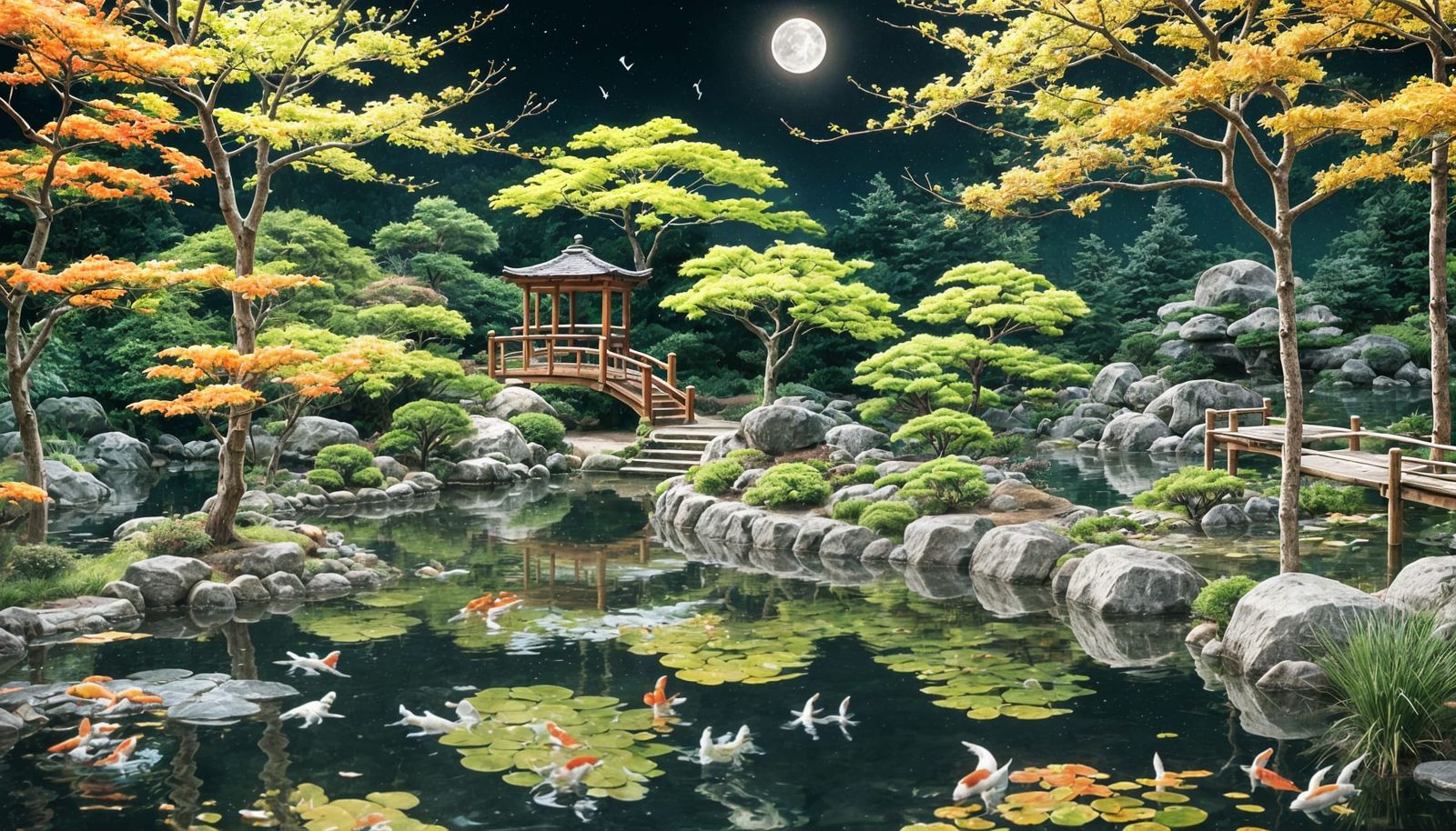 Moonlit Zen Garden with Koi Pond in Mixed Media