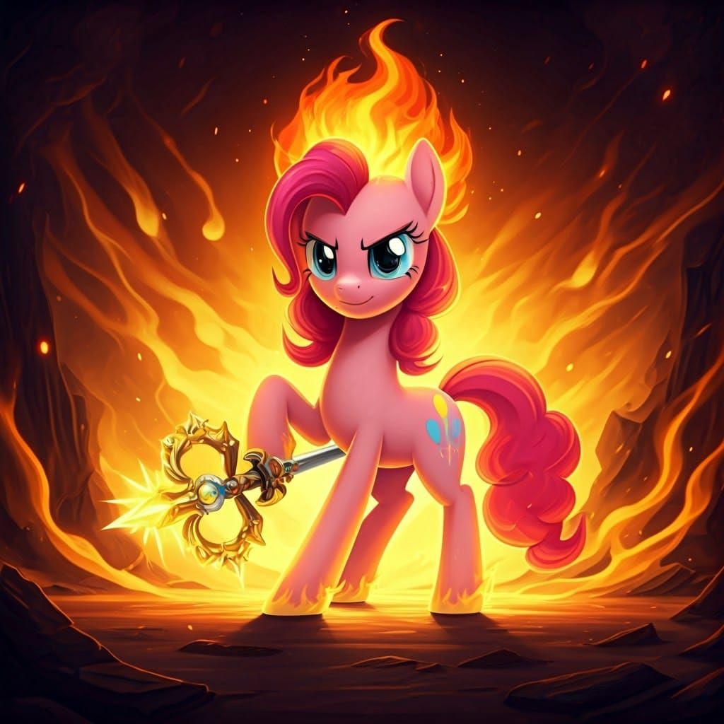 Mystical Pony Warrior Wields Keyblade Amidst Swirling Flames